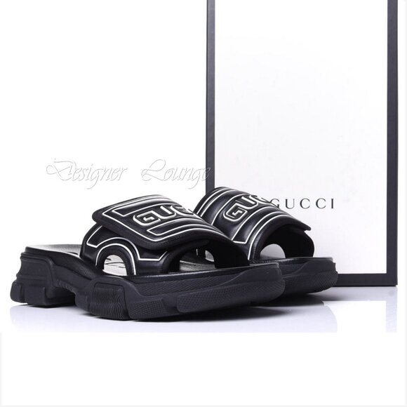 NEW GUCCI Aguru Black Leather & Rubber Logo Sandals Slides G 11 / US 11.5 main image 9